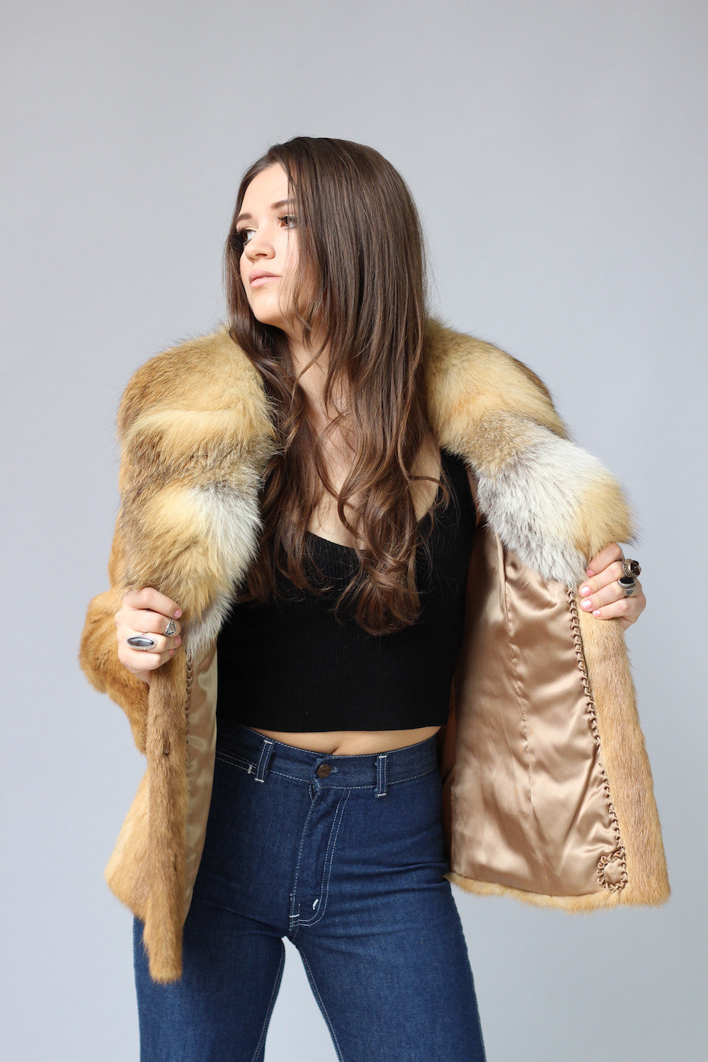 1970s Genuine Fox Fur Coat with Cropped Sleeves