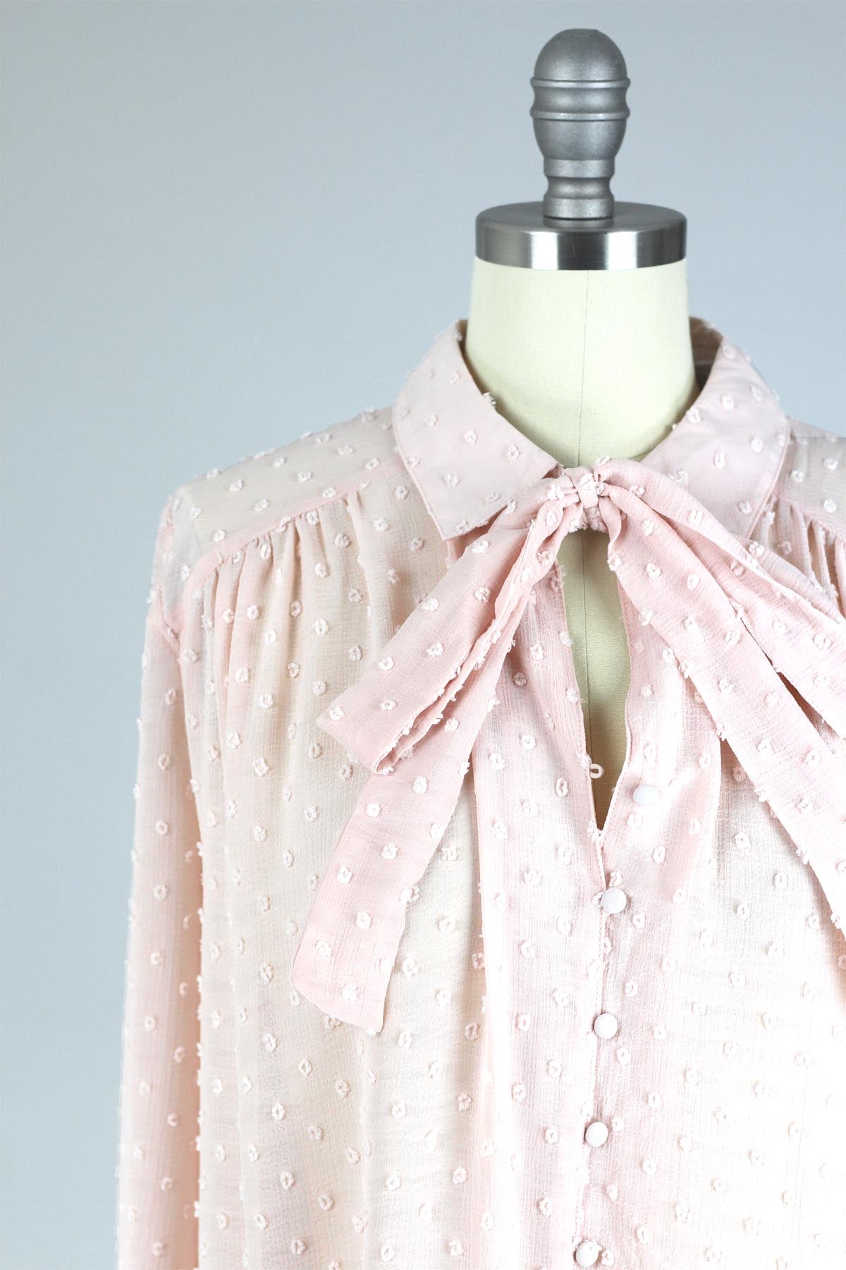 1920s Inspired Blush Pink French Tie Blouse in Swiss Dot