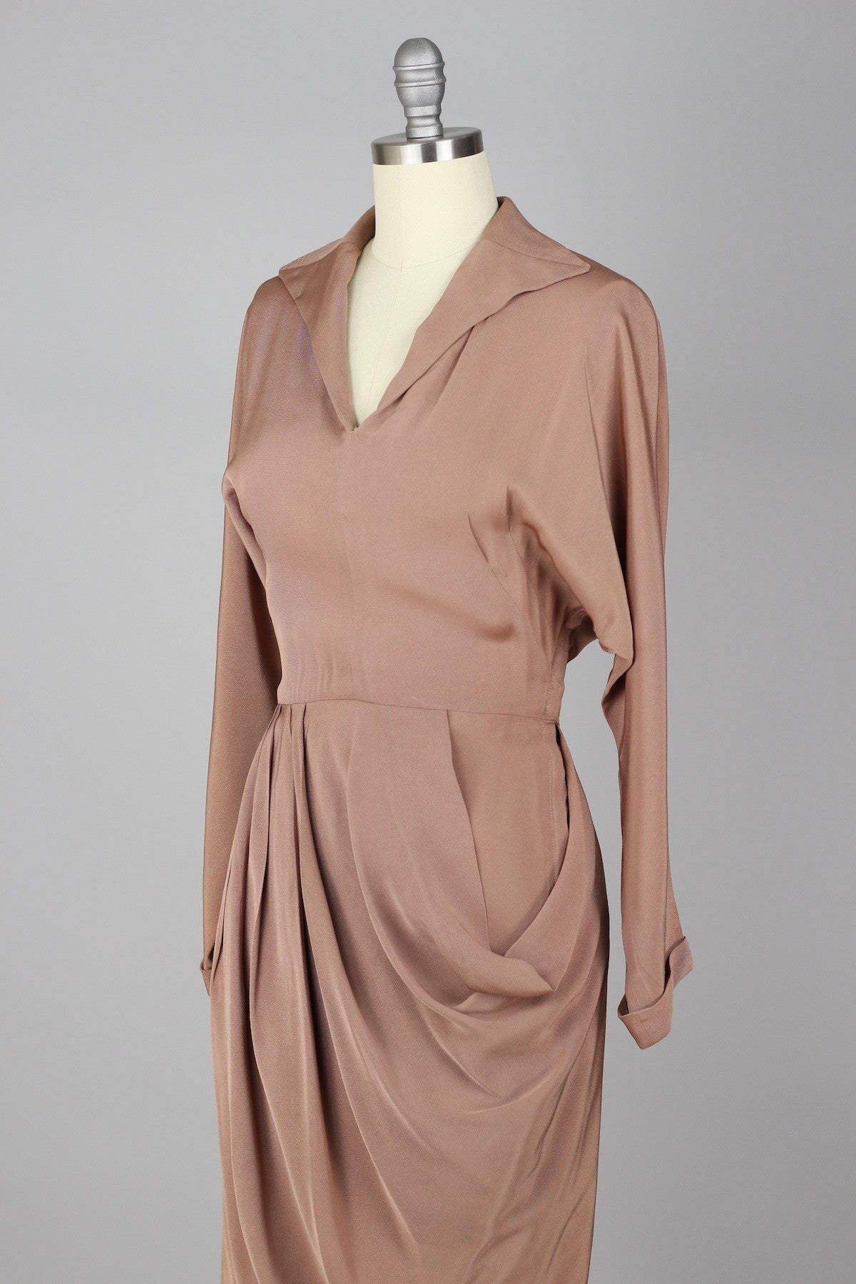 Exquisite 1940s to 1950s Rose Taupe Draped Rayon Crepe Cocktail Dress