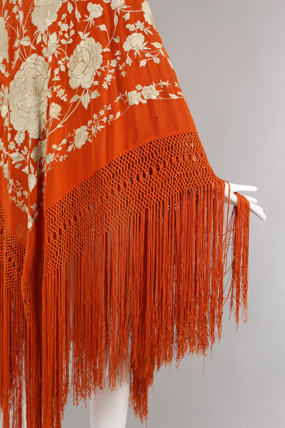 Unusual Late 19th Century Antique Orange Silk Piano Shawl of Hand Knotting