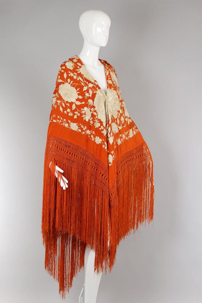 Unusual Late 19th Century Antique Orange Silk Piano Shawl of Hand Knotting