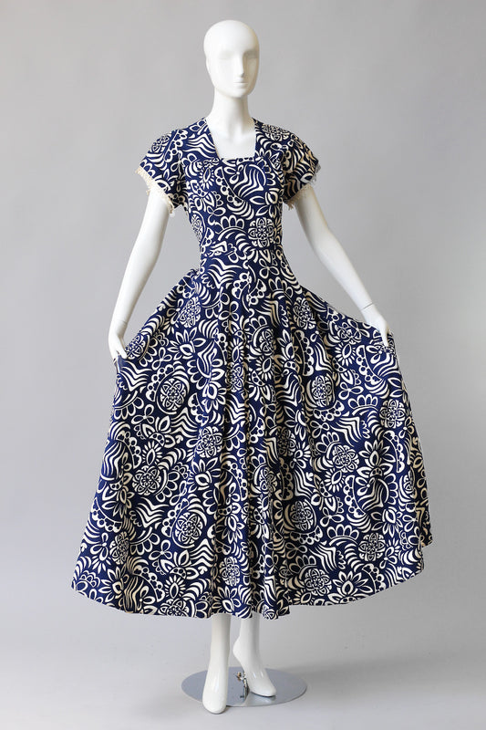 Rare 1940s Printed Cotton Pique Beach Dress