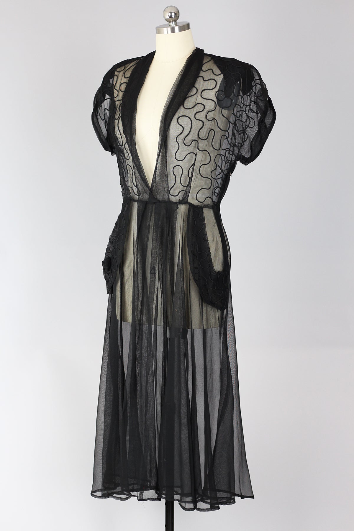 Rare 1940s Black Sheer Tulle Dress with Soutache Detail