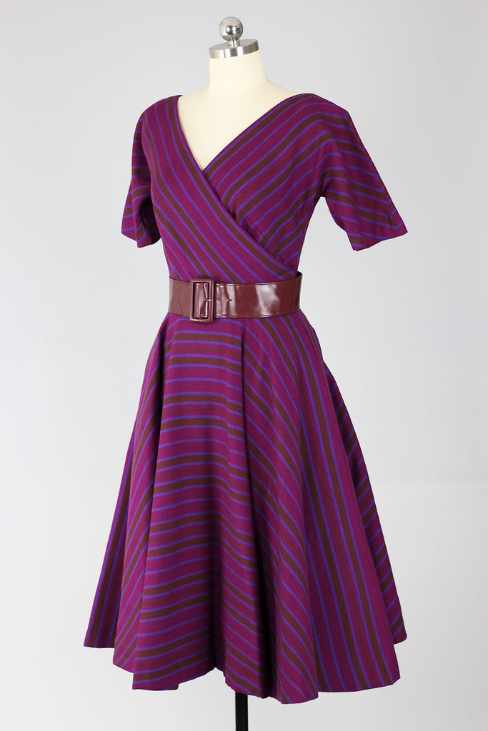 RARE! Incredible Mr. Mort 1950s New Look Plum Wool Stripe Dress