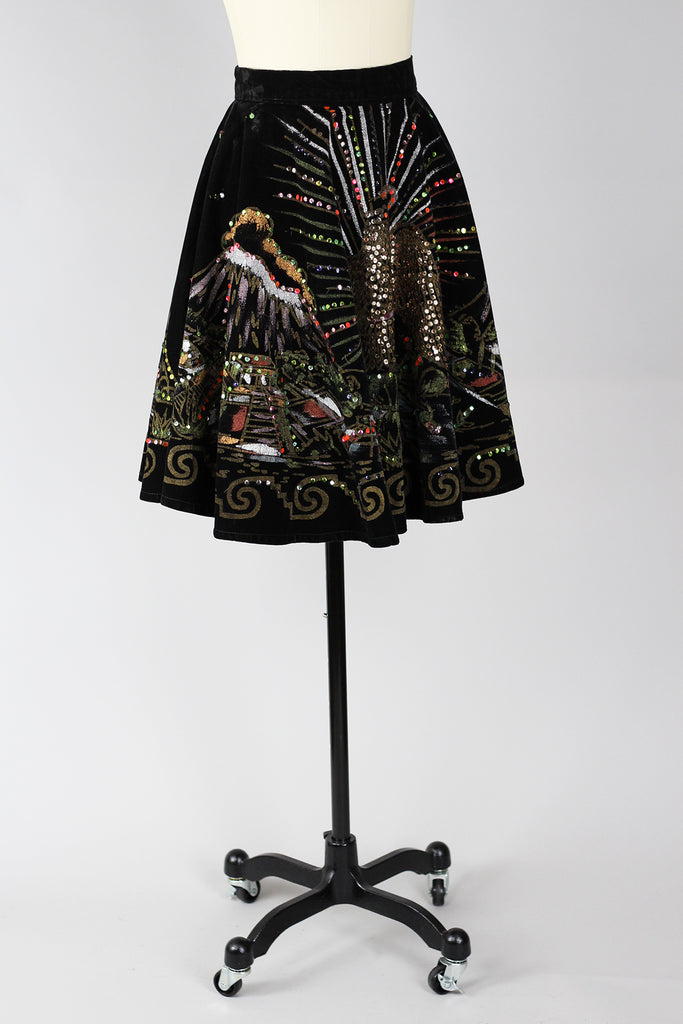 Vintage 1950s Hand Painted Velvet Mexican Circle Skirt with Sequins