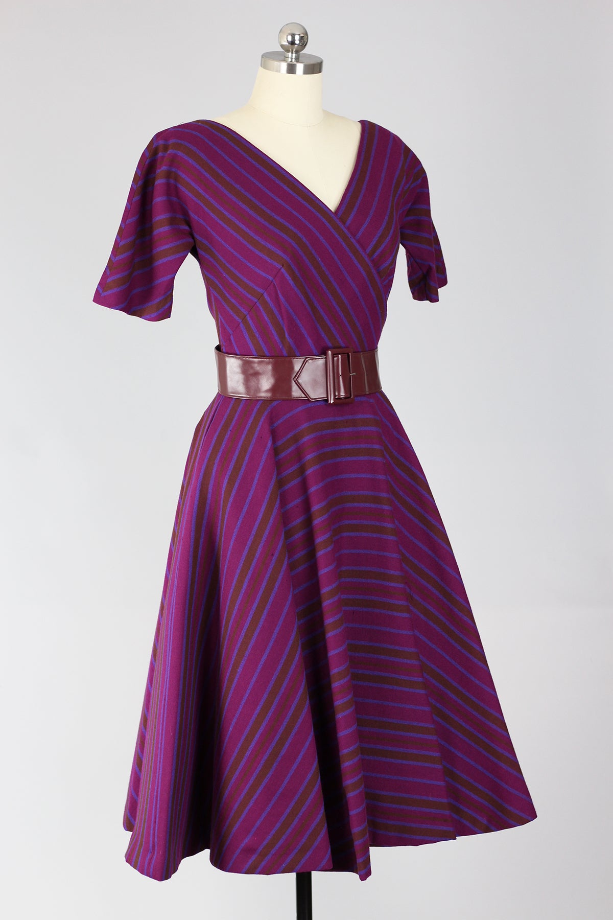 RARE! Incredible Mr. Mort 1950s New Look Plum Wool Stripe Dress