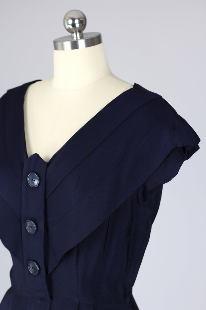Perfect Fitted 1940s Silky Rayon Crepe Navy Day Dress