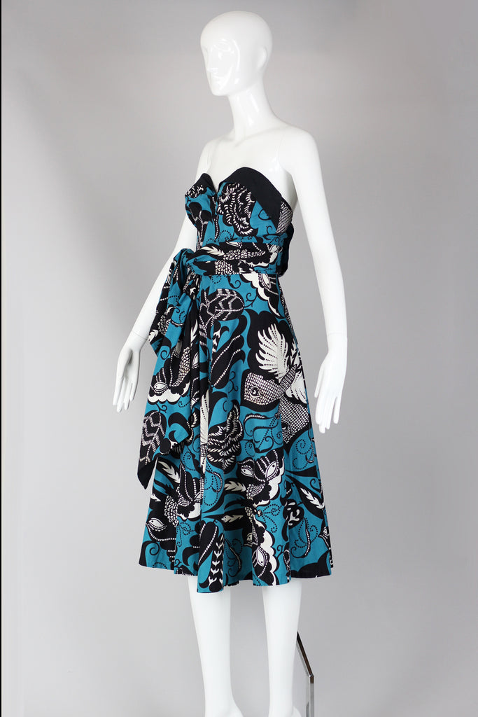 Rare 1940s Batik Print Strapless Hawaiian Summer Dress