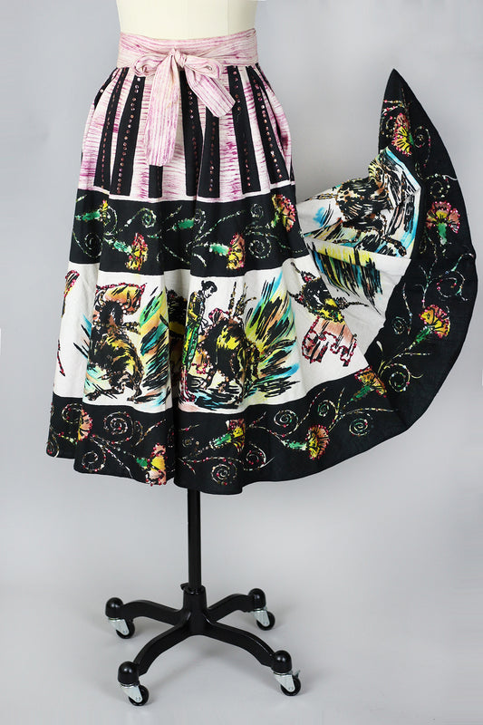 Rare 1940s-1950s Mexican Circle Skirt with Bull Fighters and Sequins