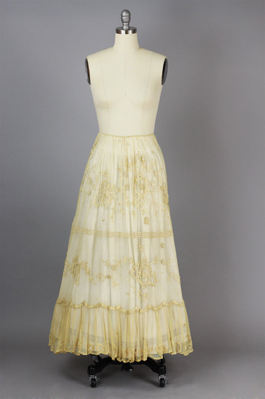 Tea-Dyed Antique Tulle Skirt with French Tambour Embroidery by Bonnie Strauss