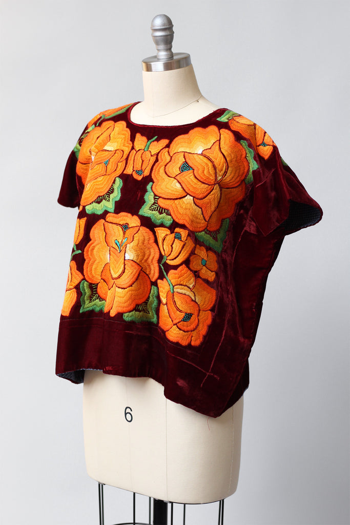 Rare 1940s-50s Tehuantepec Mexico Embroidered Huipil Blouse Rust