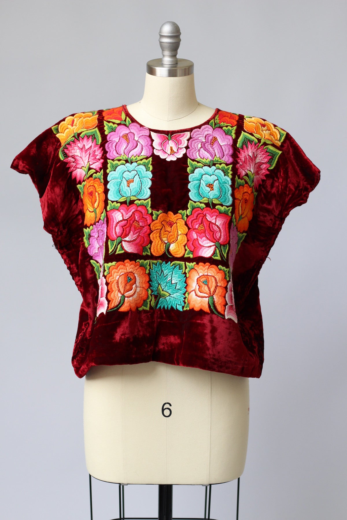 Rare Vintage Tehuantepec Mexico Embroidered Huipil Blouse Burgundy