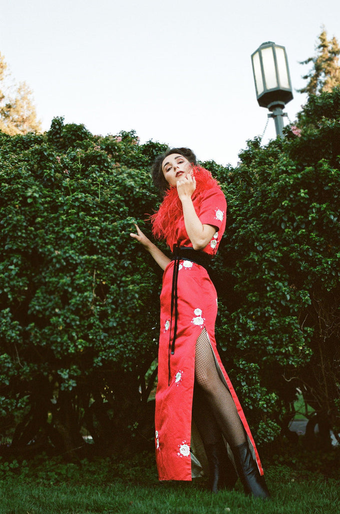 Rare 1960s Vintage Red Satin Full Length Cheongsam with Embroidered Roses
