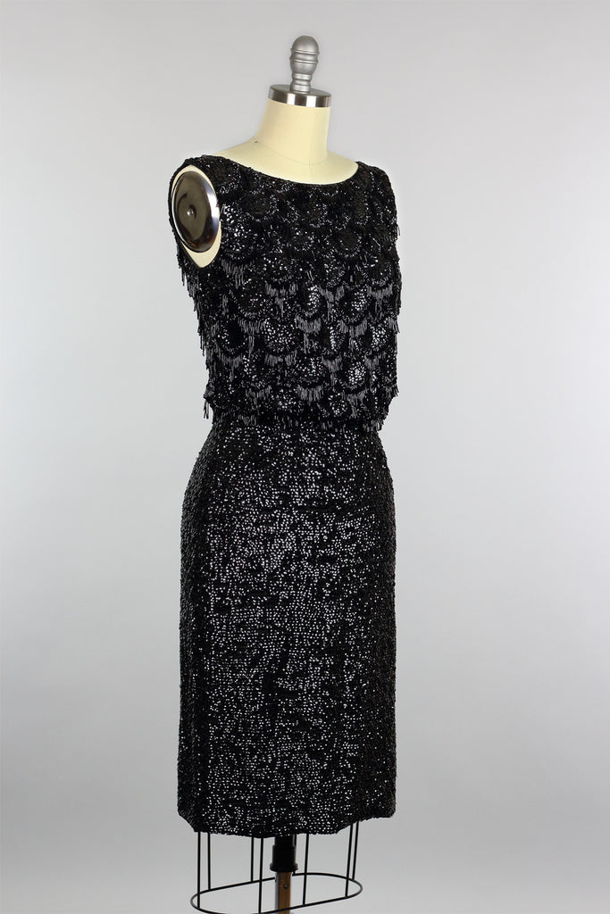 Stunning Vintage 1960s Hand Beaded Black Cocktail Dress