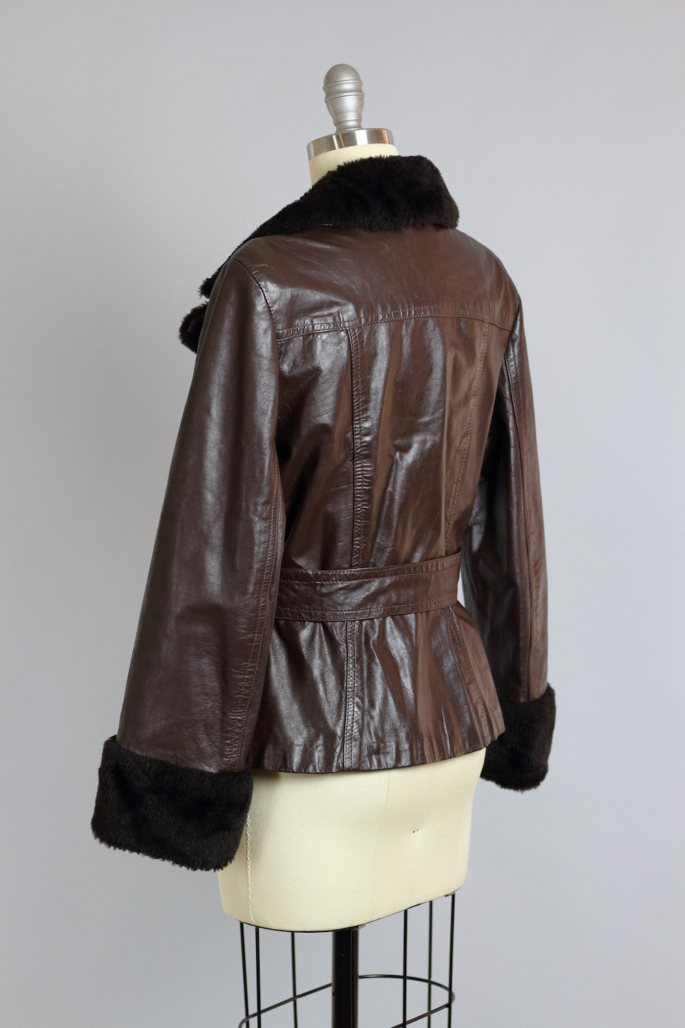 1960s Brown Leather Moto Jacket with Fur Collar