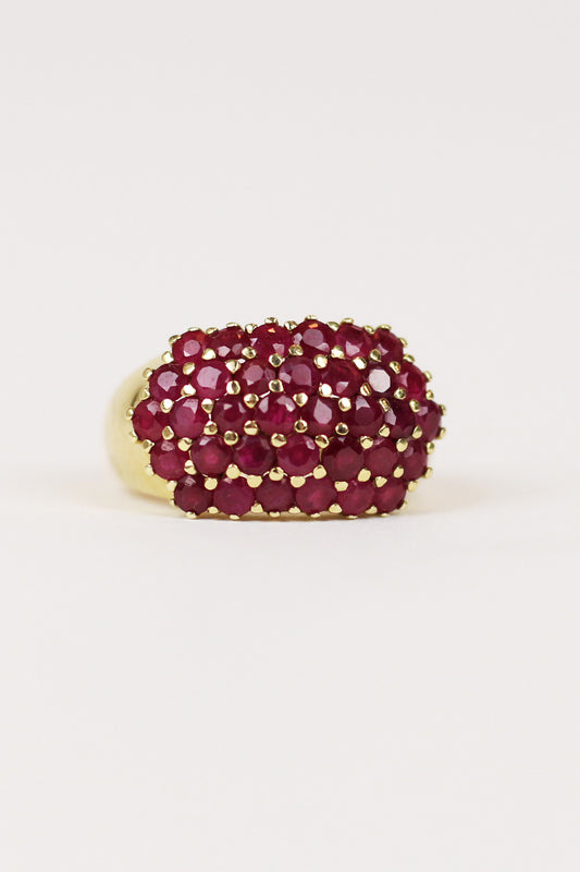 Estate 14K Yellow Gold Ruby Cocktail Ring with 34 Rubies