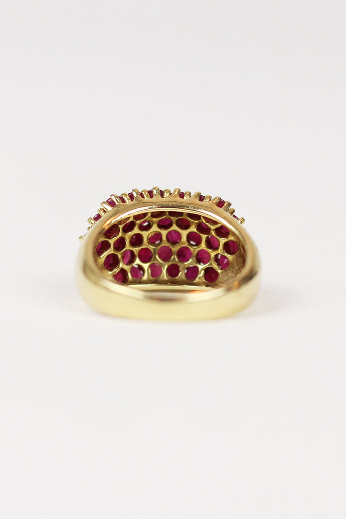Estate 14K Yellow Gold Ruby Cocktail Ring with 34 Rubies