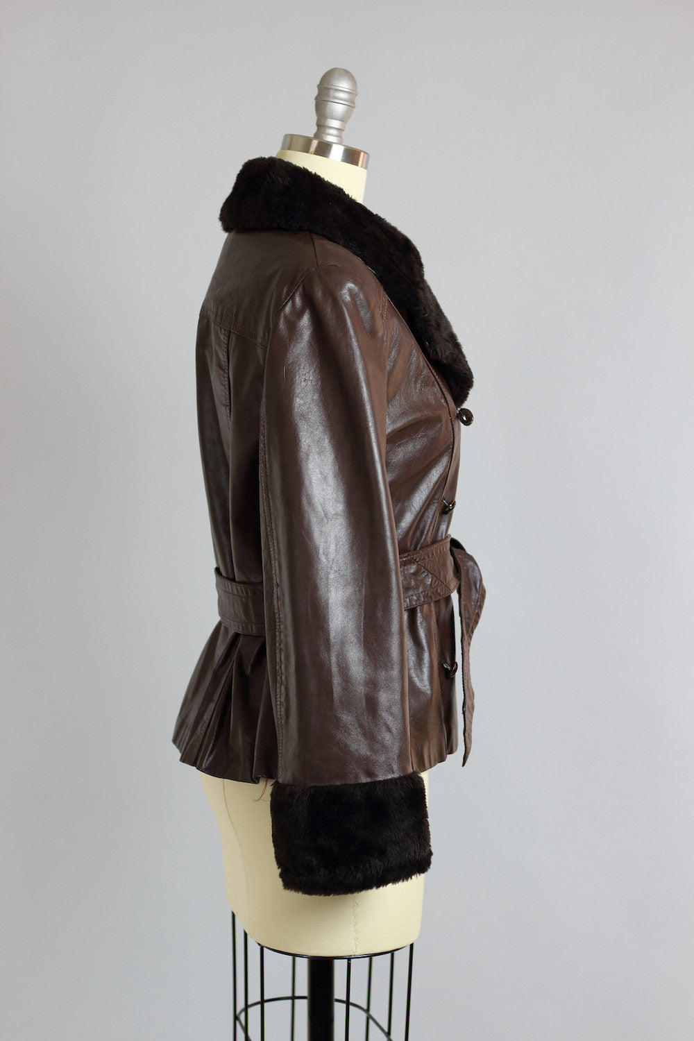 1960s Brown Leather Moto Jacket with Fur Collar