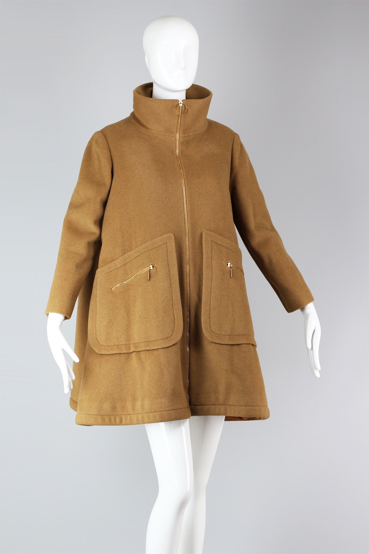 Fantastic 1960s Camel Wool A-Line Coat with Mock Neck