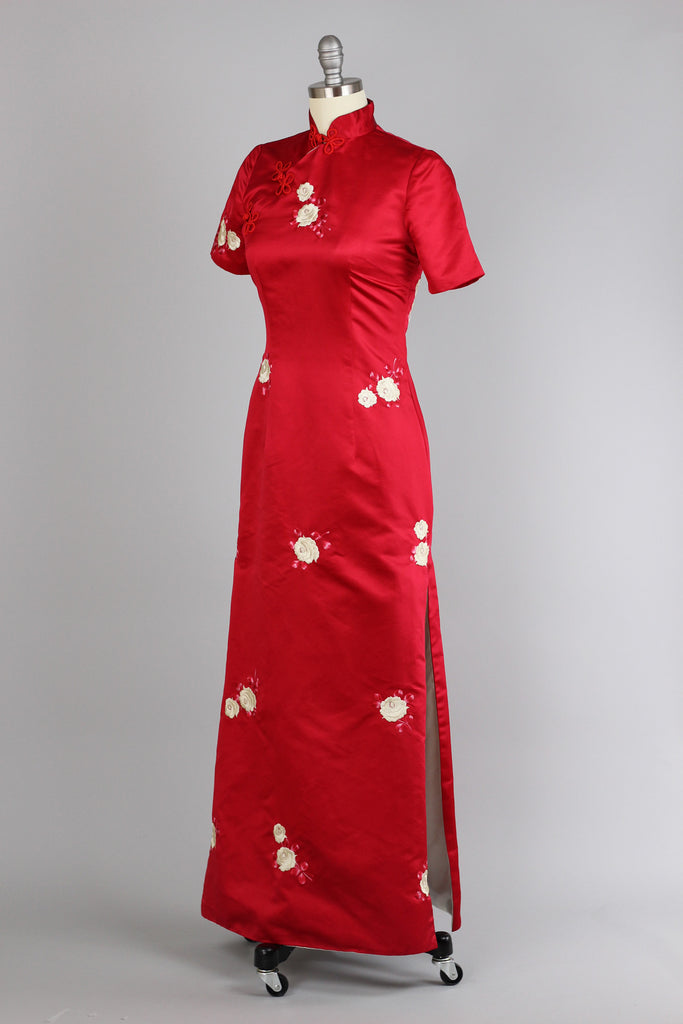 Rare 1960s Vintage Red Satin Full Length Cheongsam with Embroidered Roses