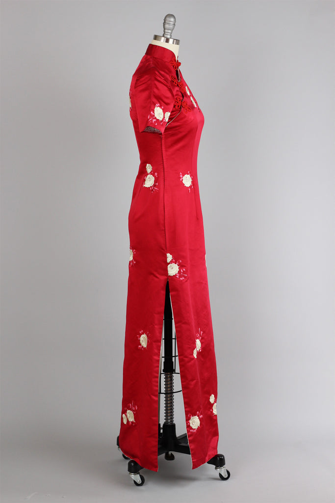 Rare 1960s Vintage Red Satin Full Length Cheongsam with Embroidered Roses