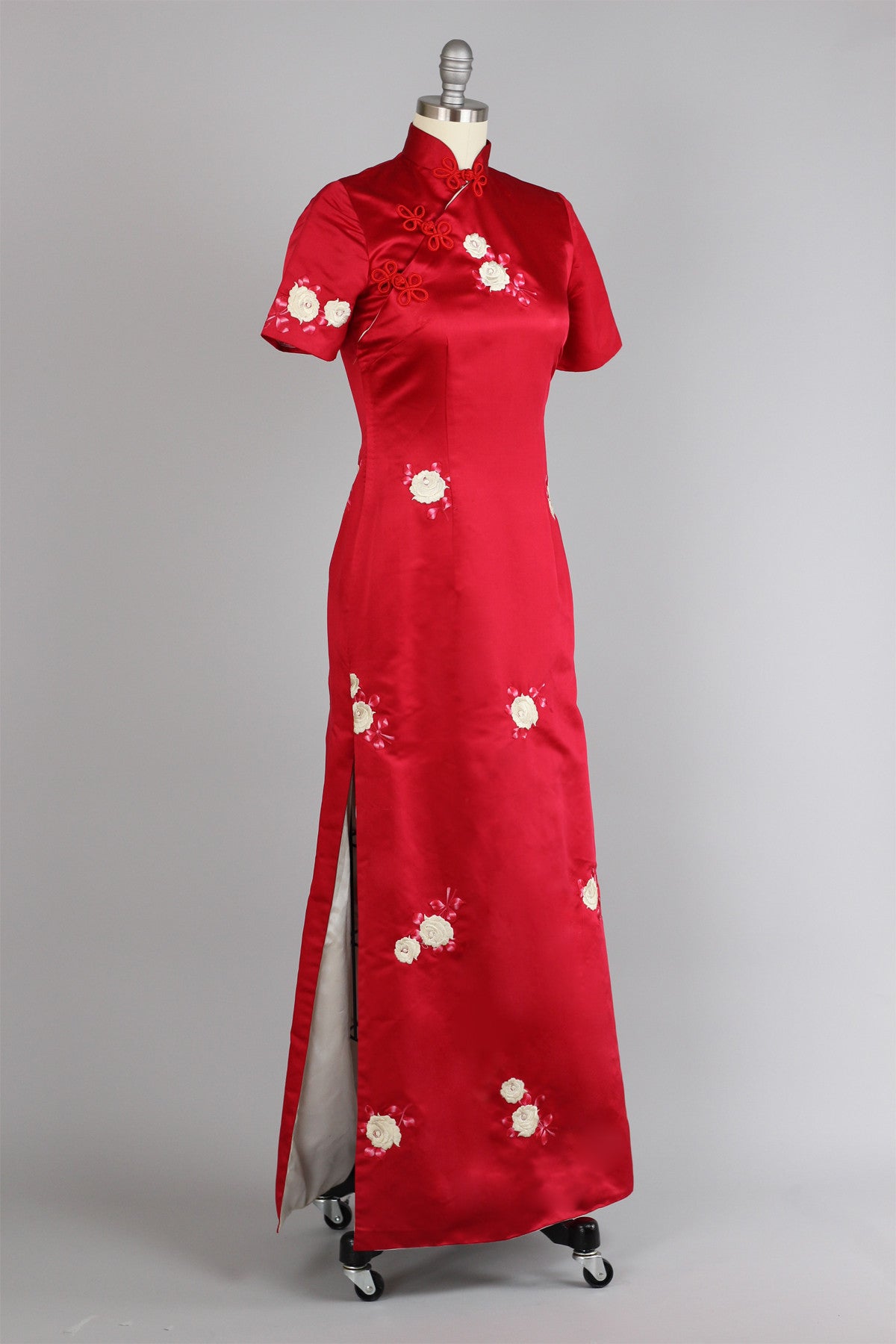 Rare 1960s Vintage Red Satin Full Length Cheongsam with Embroidered Roses