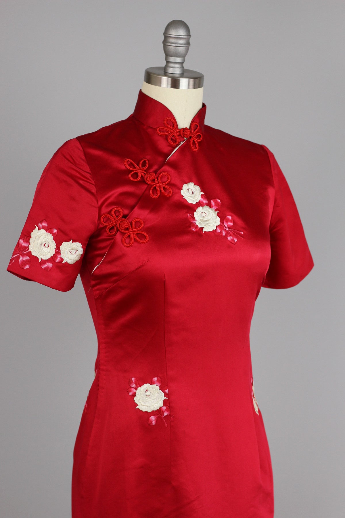 Rare 1960s Vintage Red Satin Full Length Cheongsam with Embroidered Roses