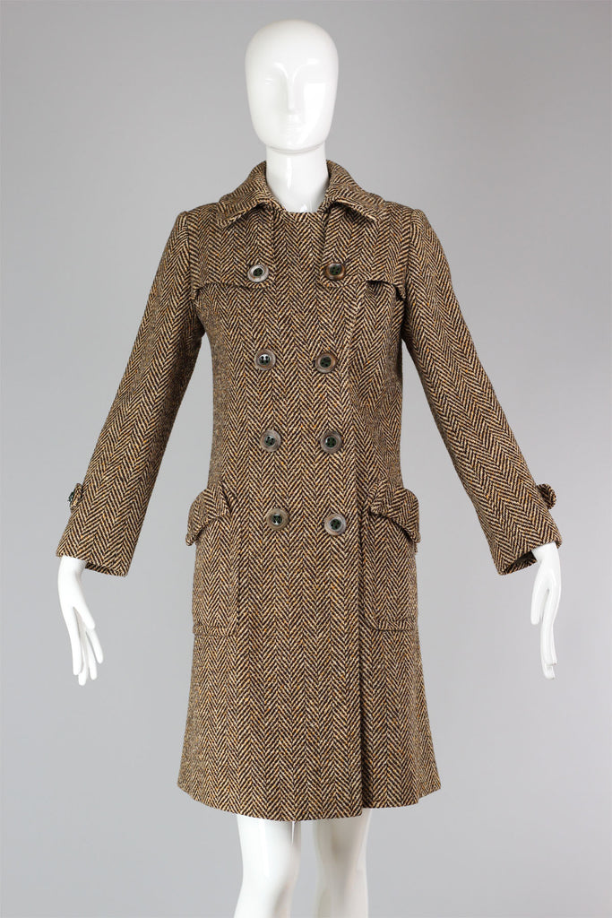 Vintage 1960's Brown Herringbone Wool Coat Made in France