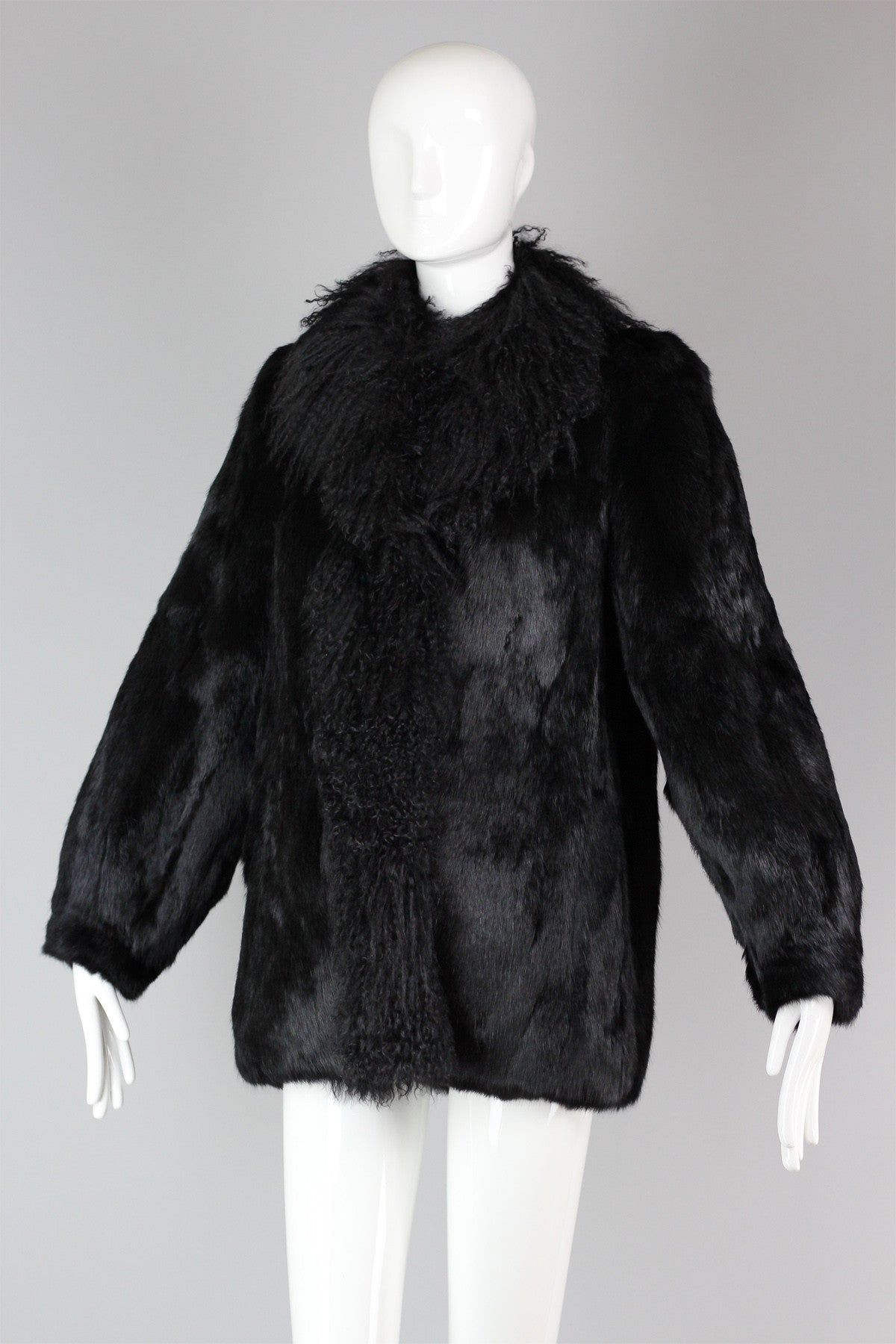 Amazing Oversized Vintage Black Shaggy Fur Coat Mongolian Lamb & Rabbit Fur