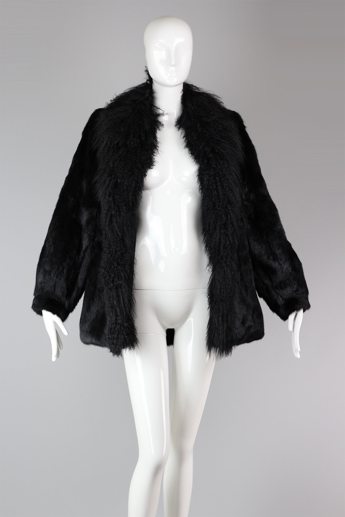 Amazing Oversized Vintage Black Shaggy Fur Coat Mongolian Lamb & Rabbit Fur