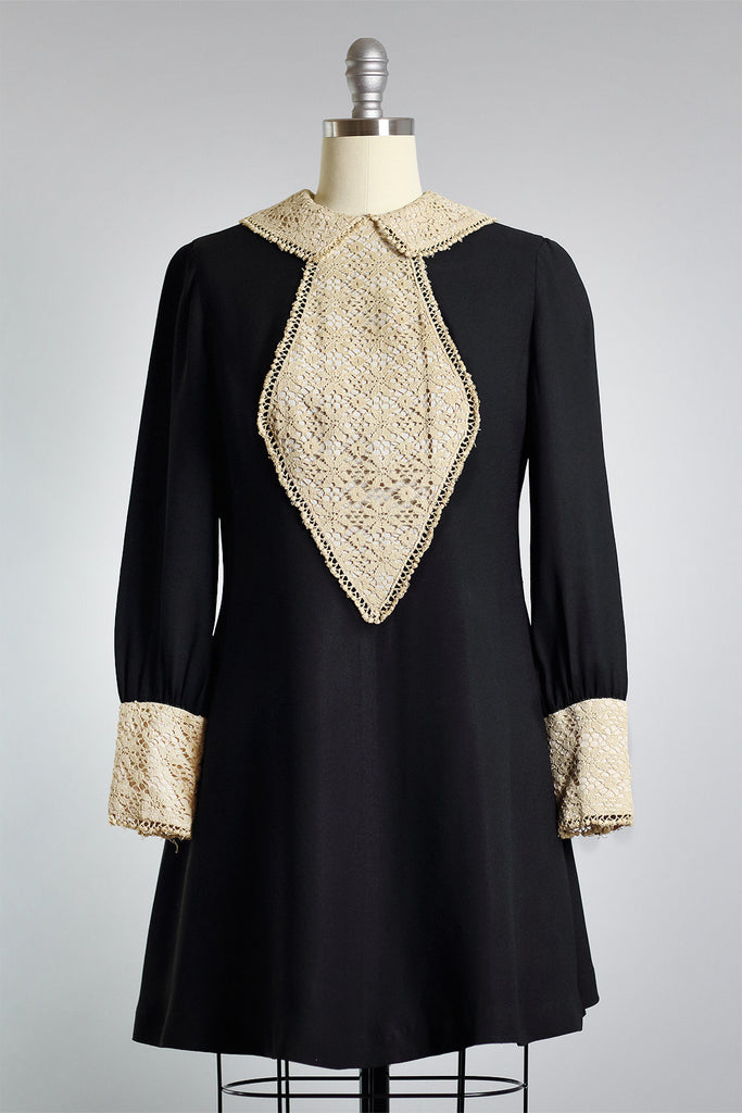 Twiggy 1960s Crochet Black Mini Dress