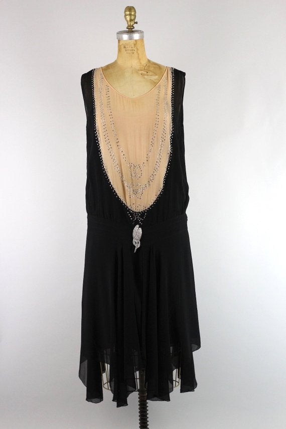 Stunning Original 1920s Silk Chiffon Flapper Dress with Bow Rhinestone Detail