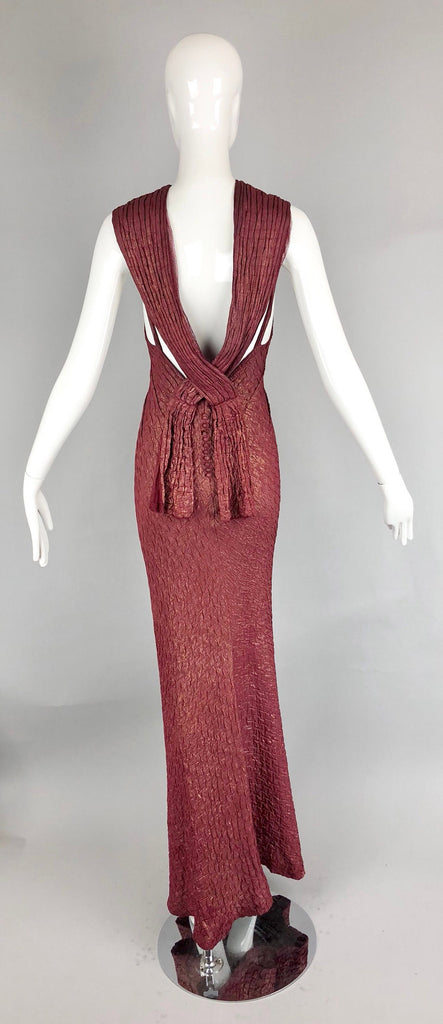 Rare! 1930s Bias Cut Plum and Gold Lamé Old Hollywood Gown with Low Back and Buttons