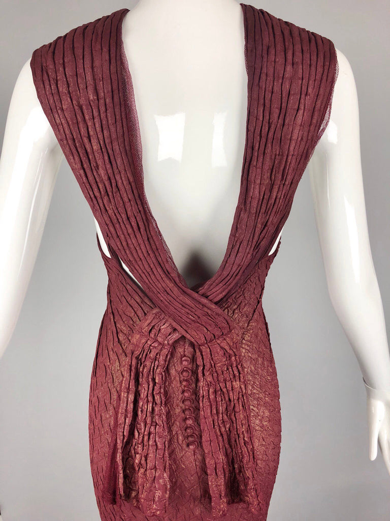 Rare! 1930s Bias Cut Plum and Gold Lamé Old Hollywood Gown with Low Back and Buttons