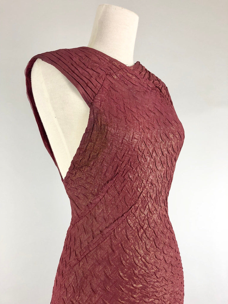 Rare! 1930s Bias Cut Plum and Gold Lamé Old Hollywood Gown with Low Back and Buttons
