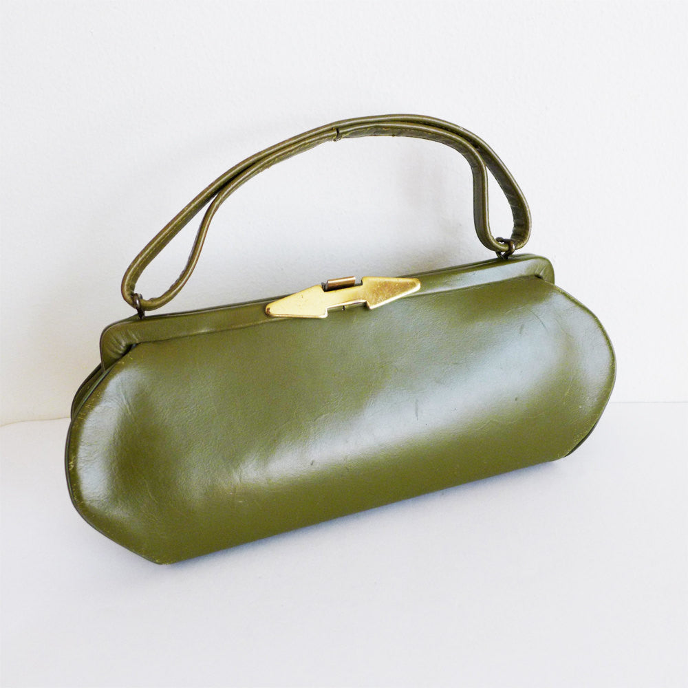 RARE Vintage 50s 60s Olive Green Leather Handbag with Gold Arrow Hardware | Pinup Mod Mid Century Modern Mad Men