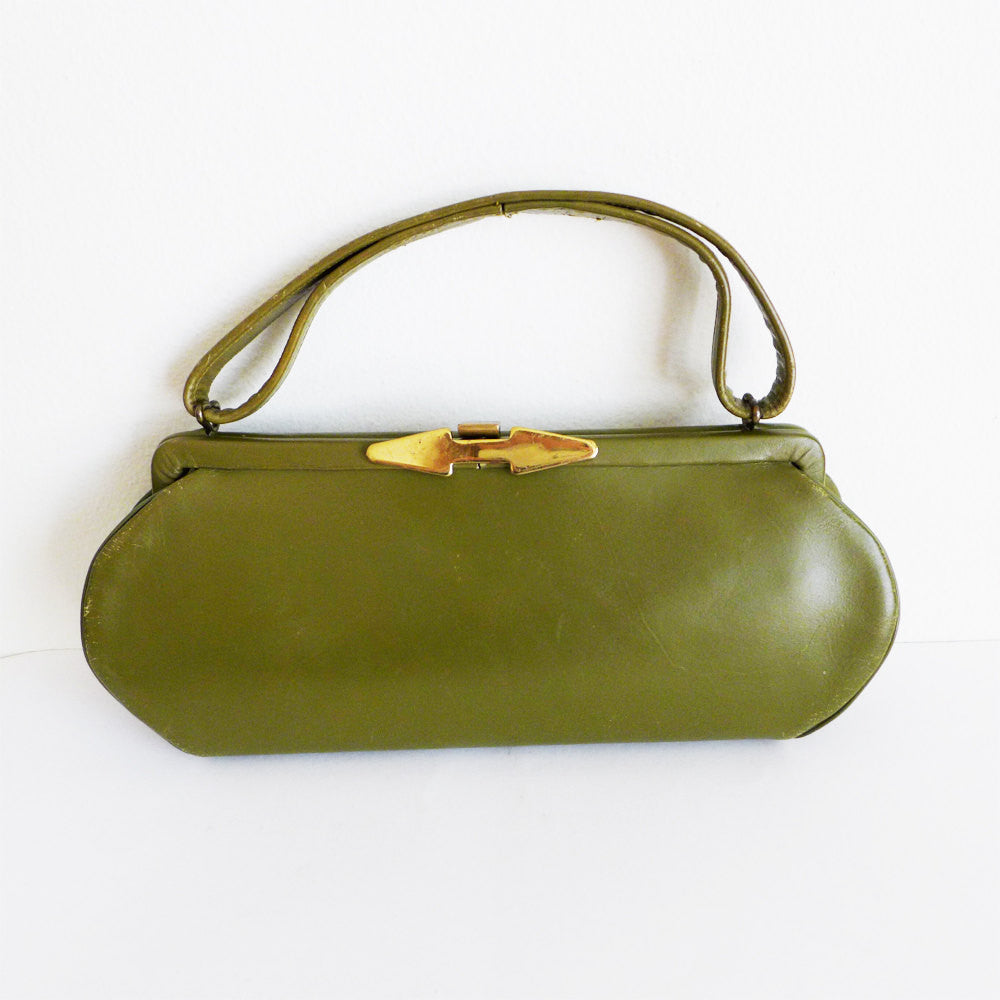 RARE Vintage 50s 60s Olive Green Leather Handbag with Gold Arrow Hardware | Pinup Mod Mid Century Modern Mad Men