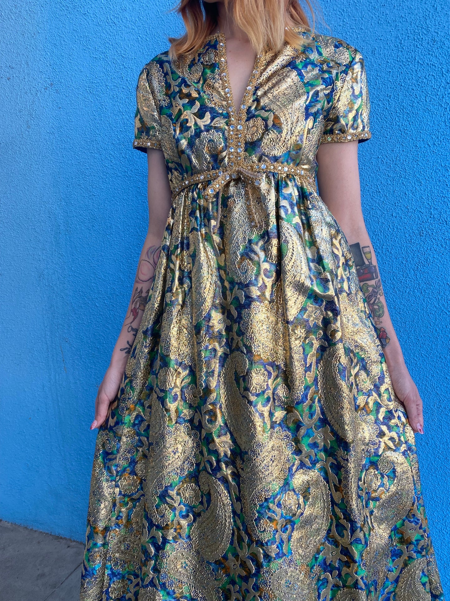 Malcolm Starr 1960s Silk Paisley Gold Lurex Gown