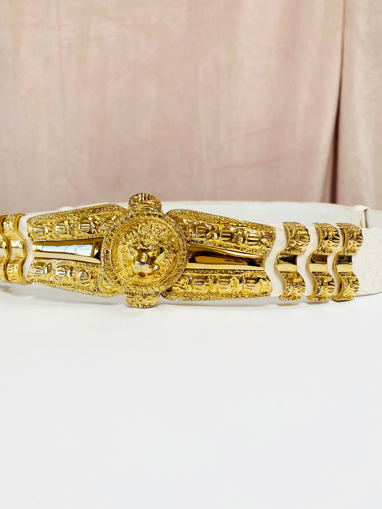 Judith Leiber White Snakeskin Gold Lion Belt