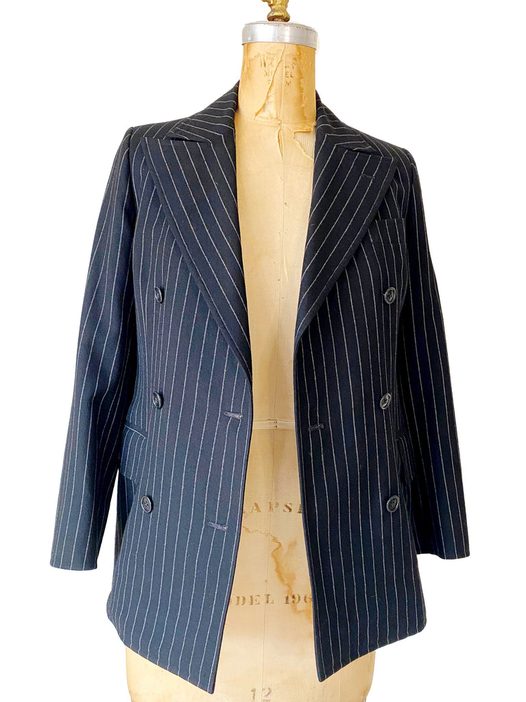 70s Black Wool Tailored Pinstripe Double Breasted Suit