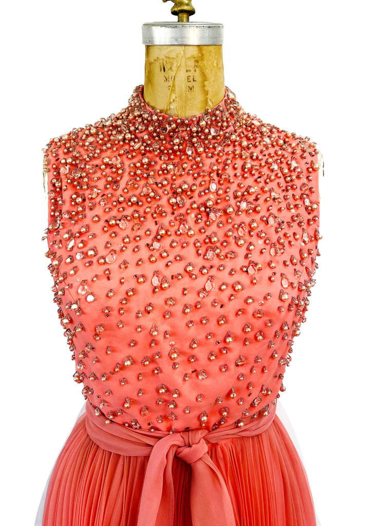 Jack Bryan 1960s-70s Coral Pink Accordion Pleat Beaded Dress
