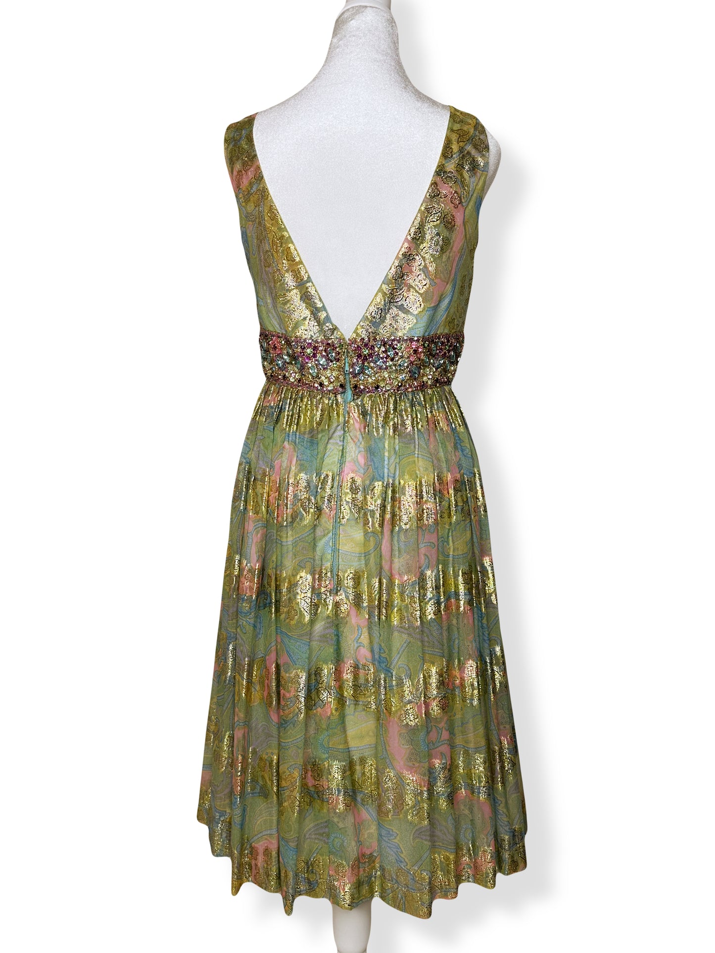 1960s Malcolm Starr Green & Gold Lurex Paisley Beaded Chiffon Dress