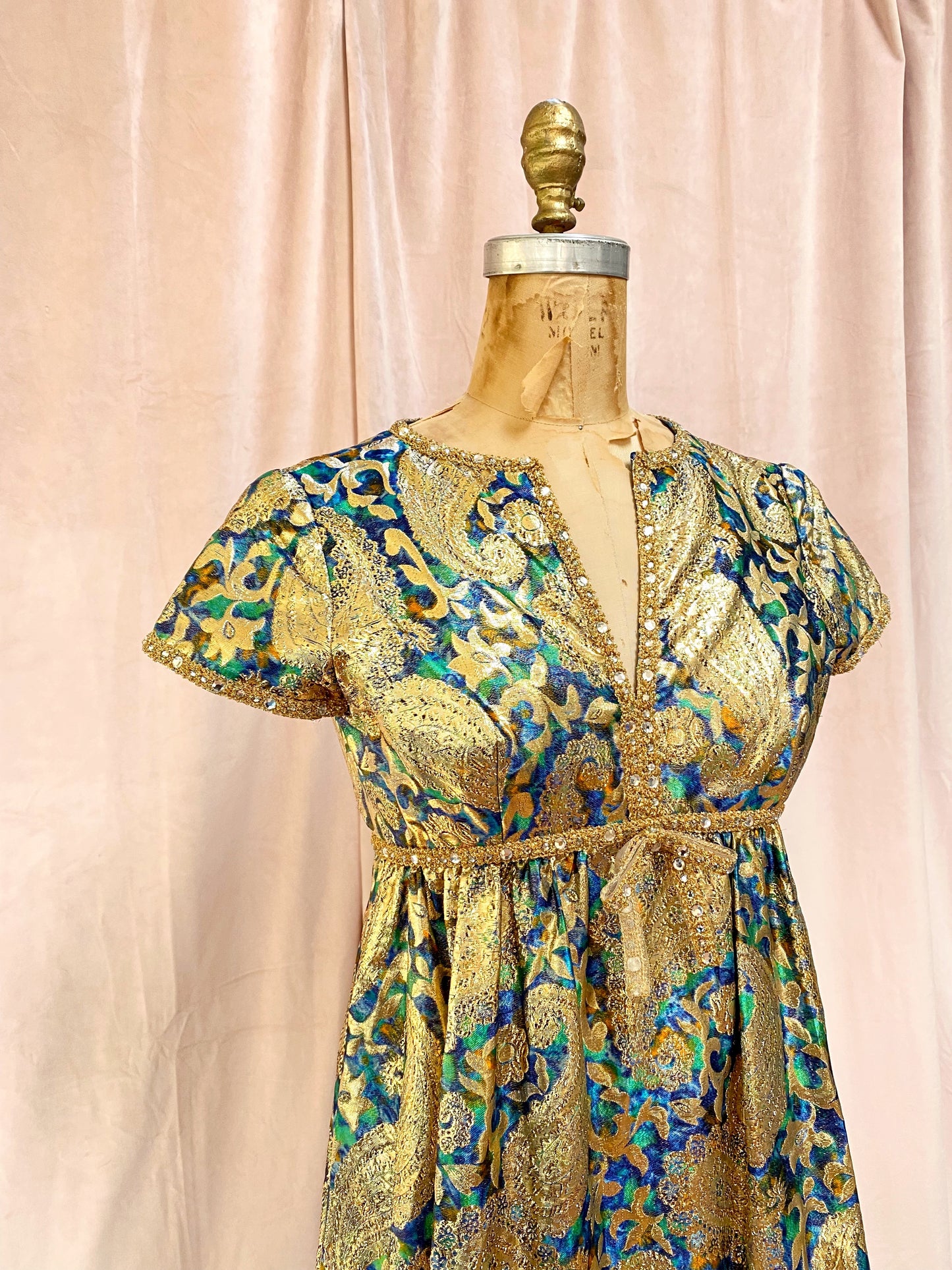 Malcolm Starr 1960s Silk Paisley Gold Lurex Gown