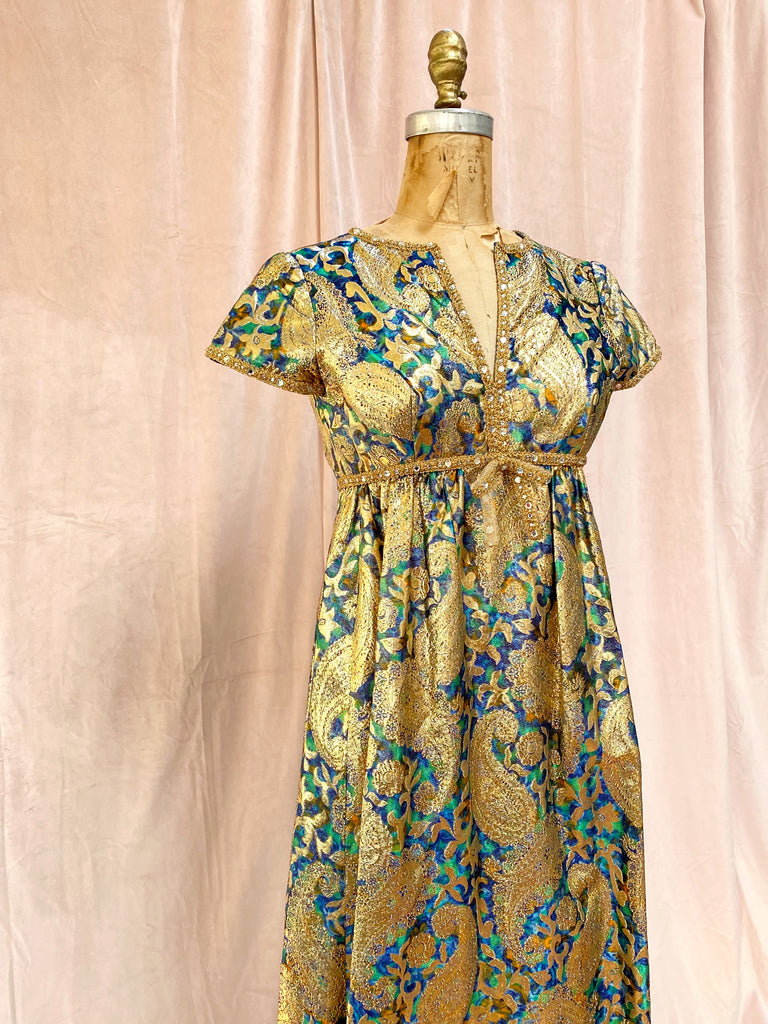 Malcolm Starr 1960s Silk Paisley Gold Lurex Gown
