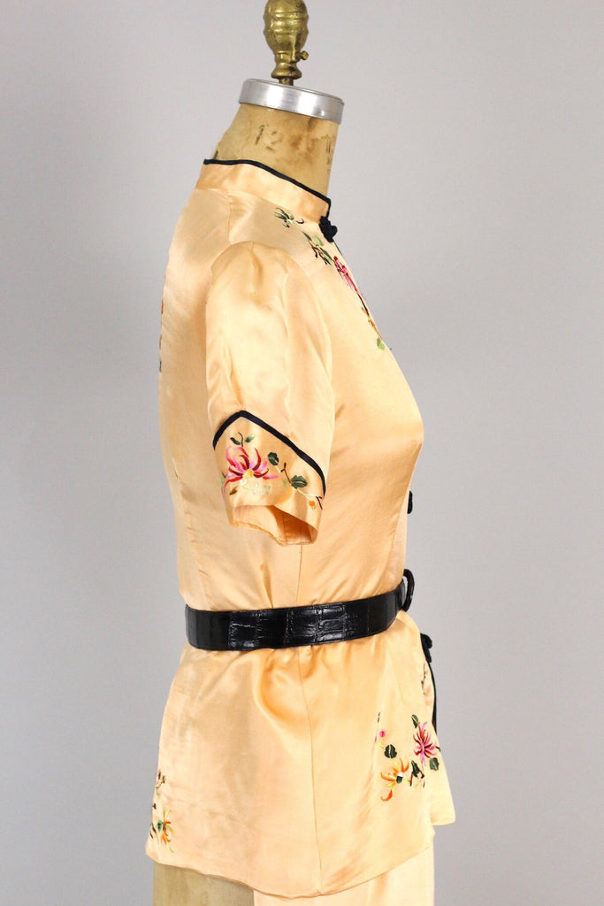 1930s Chinese Peach Silk Pajama Set with Hand Embroidered Detail