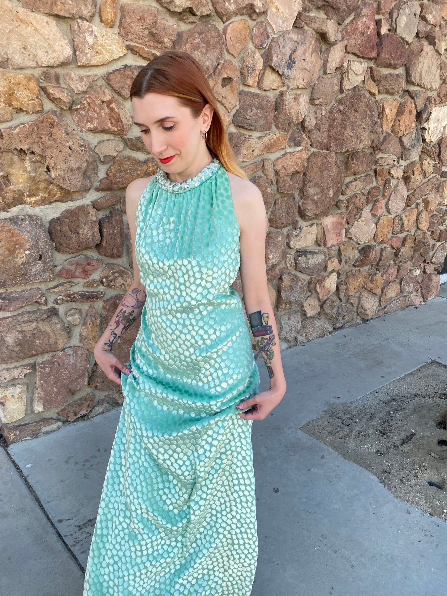 Mollie Parnis Seafoam Silk Burnout Velvet Gown
