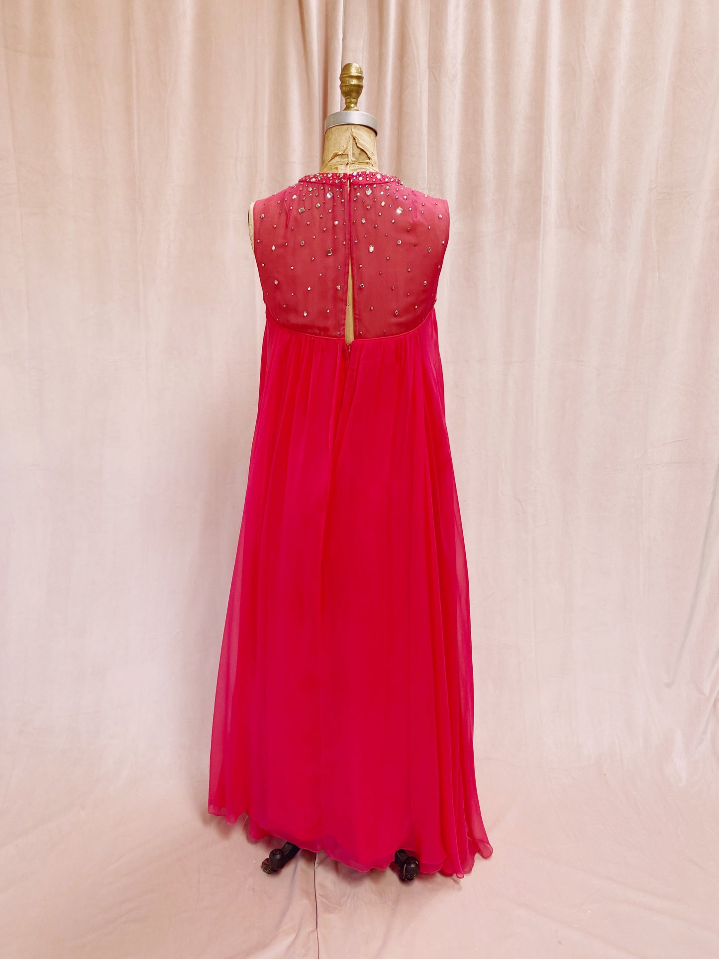 Fuchsia Shocking Pink Chiffon Rhinestone 1960s Gown
