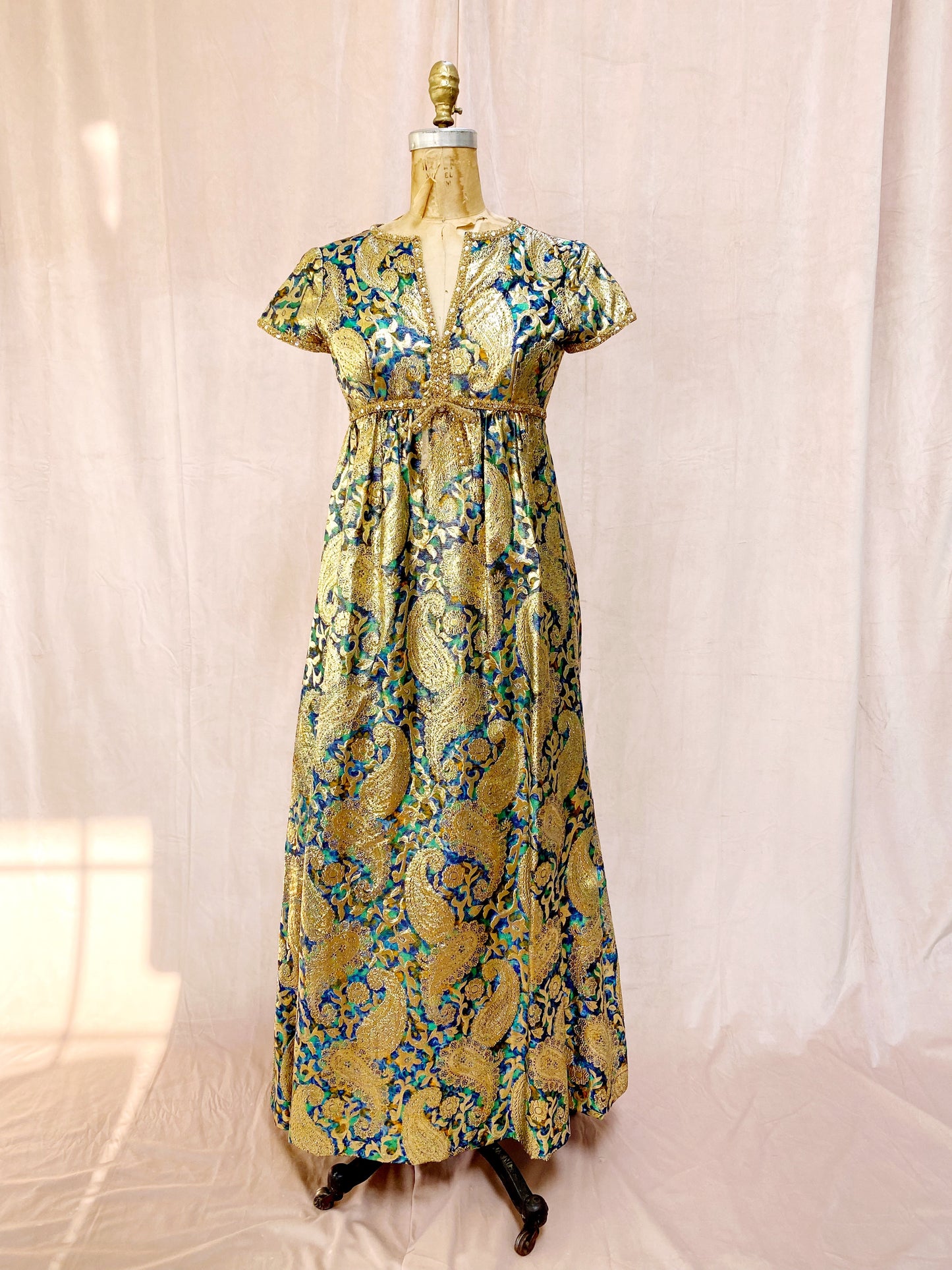 Malcolm Starr 1960s Silk Paisley Gold Lurex Gown