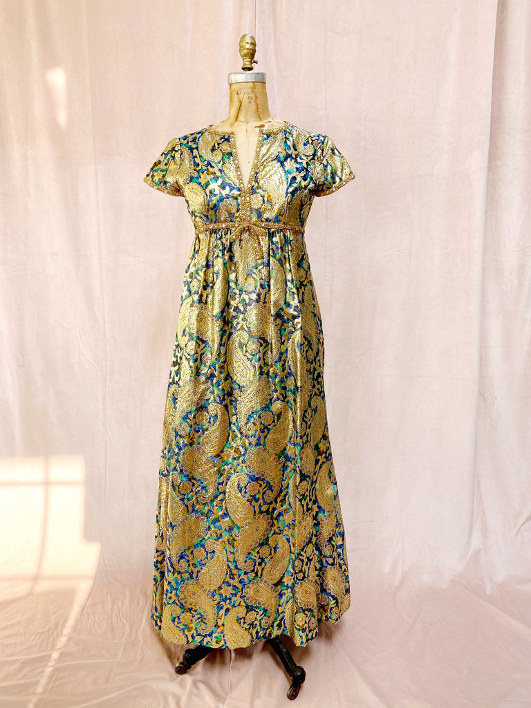 Malcolm Starr 1960s Silk Paisley Gold Lurex Gown
