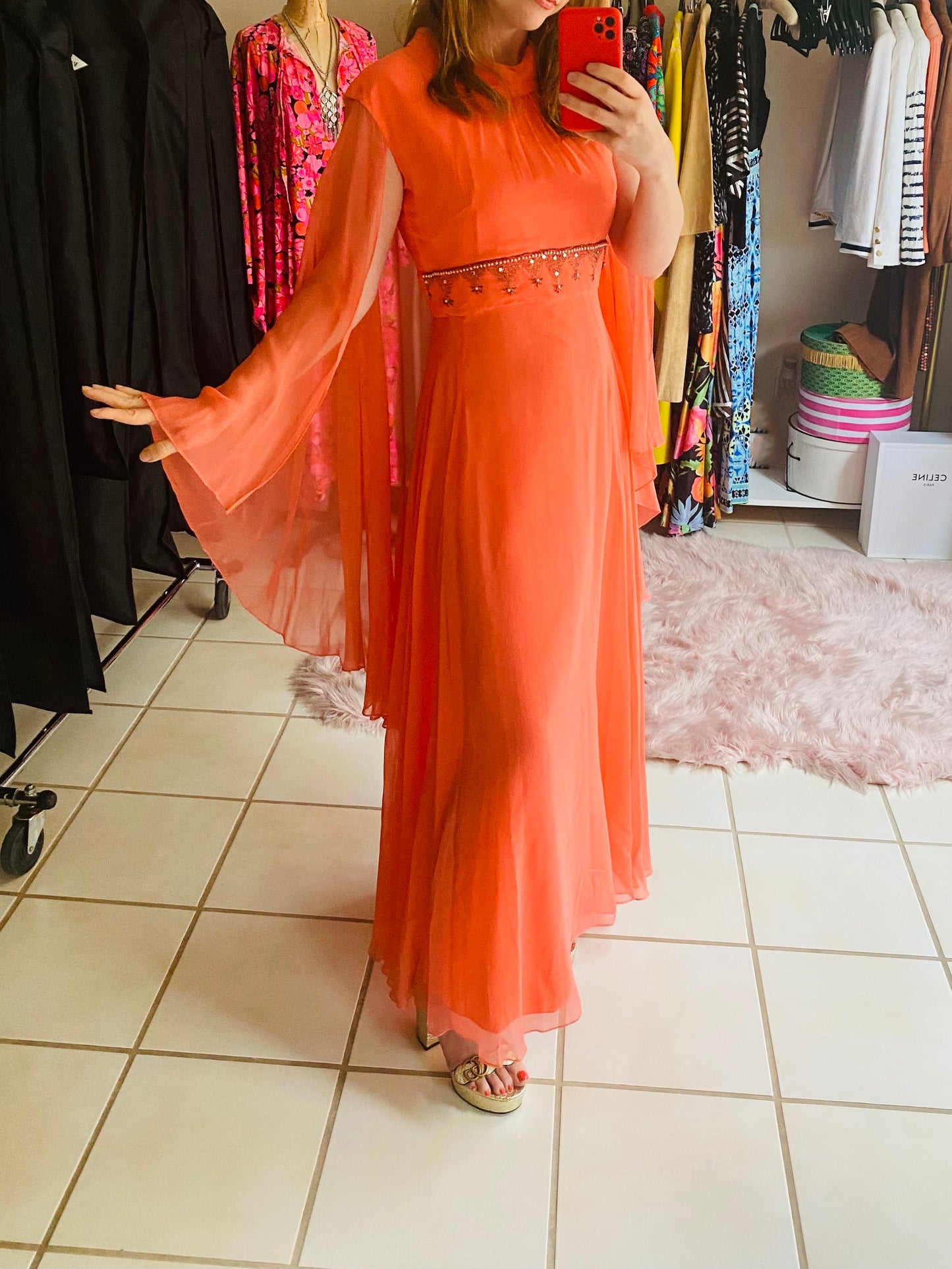 60s Peach Chiffon Cape Sleeve Gown